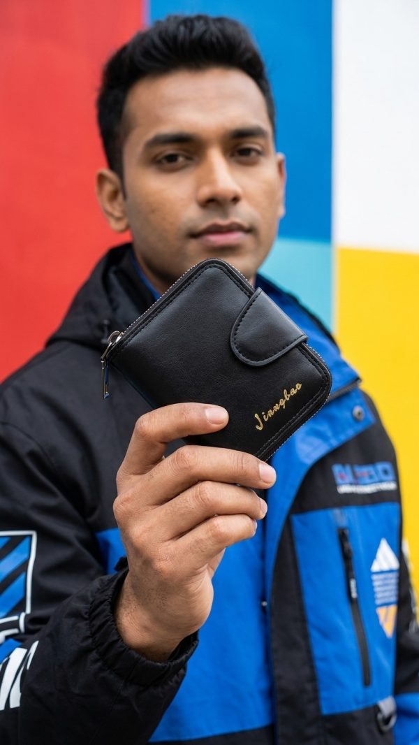 স্টাইলিশ জিপার ব্ল্যাক লেদার ওয়ালেট